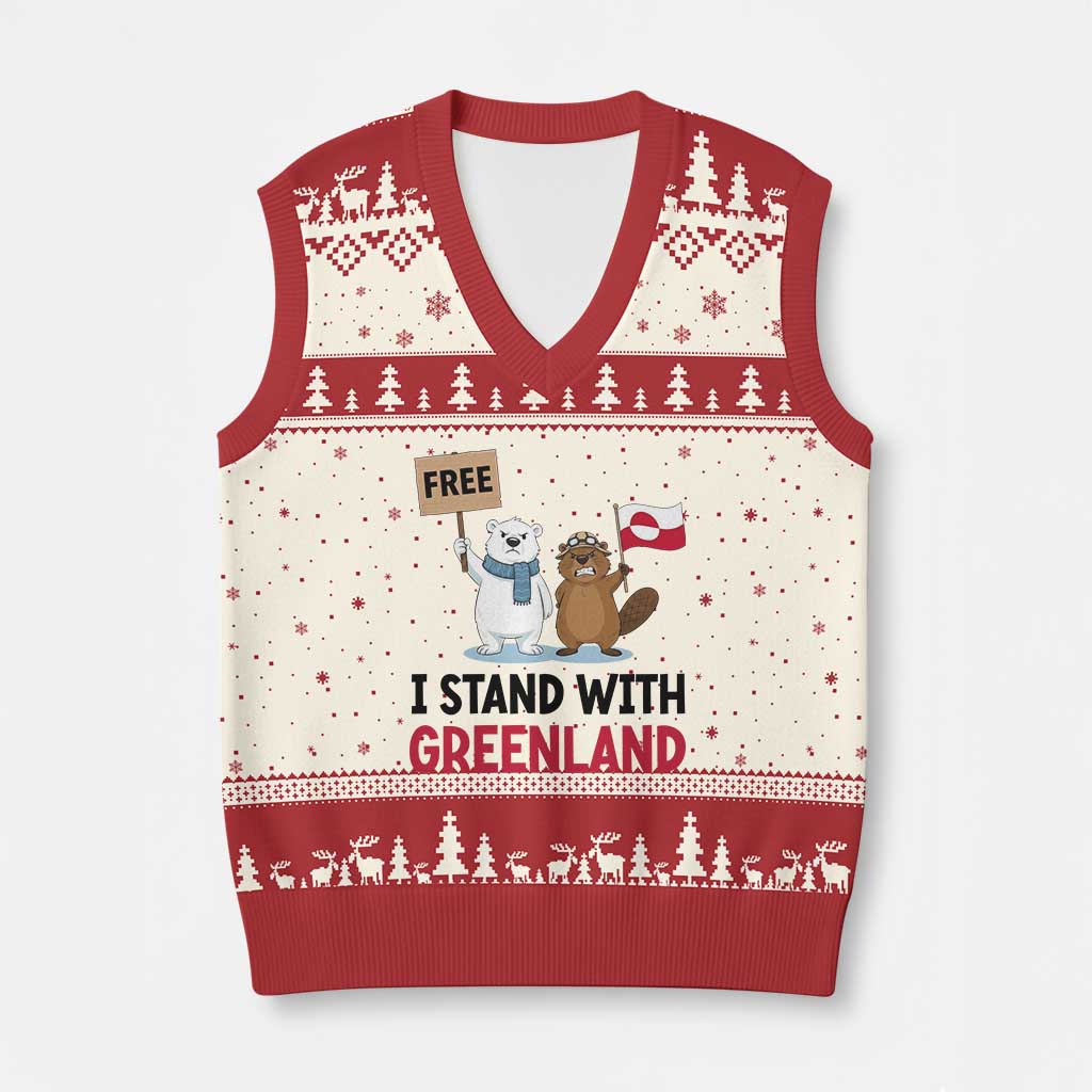 I Stand With Greenland V-Neck Knit Sweater Vest Anti Authoritarian Political Gag Gift TS12 Beige Red Print Your Wear