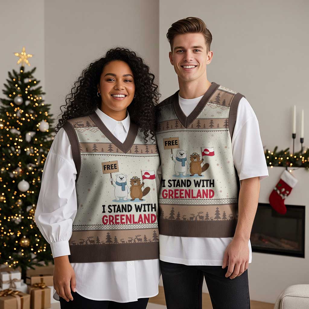 I Stand With Greenland V-Neck Knit Sweater Vest Anti Authoritarian Political Gag Gift TS12 Mocha Mousse Print Your Wear