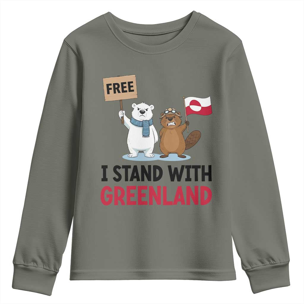 I Stand With Greenland Youth Sweatshirt Anti Authoritarian Political Gag Gift TS12 Military Green Print Your Wear