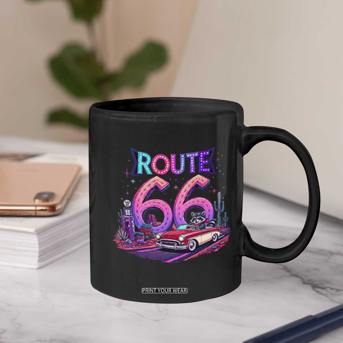 Route Highway 66 Americana Adventure Coffee Mug Cute Raccoon Driving Car TS12 Print Your Wear