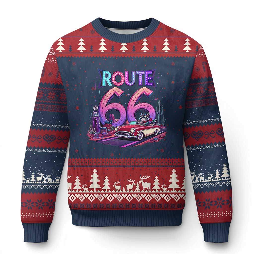 Route Highway 66 Americana Adventure Ugly Christmas Sweater Cute Raccoon Driving Car TS12 Navy Red Print Your Wear