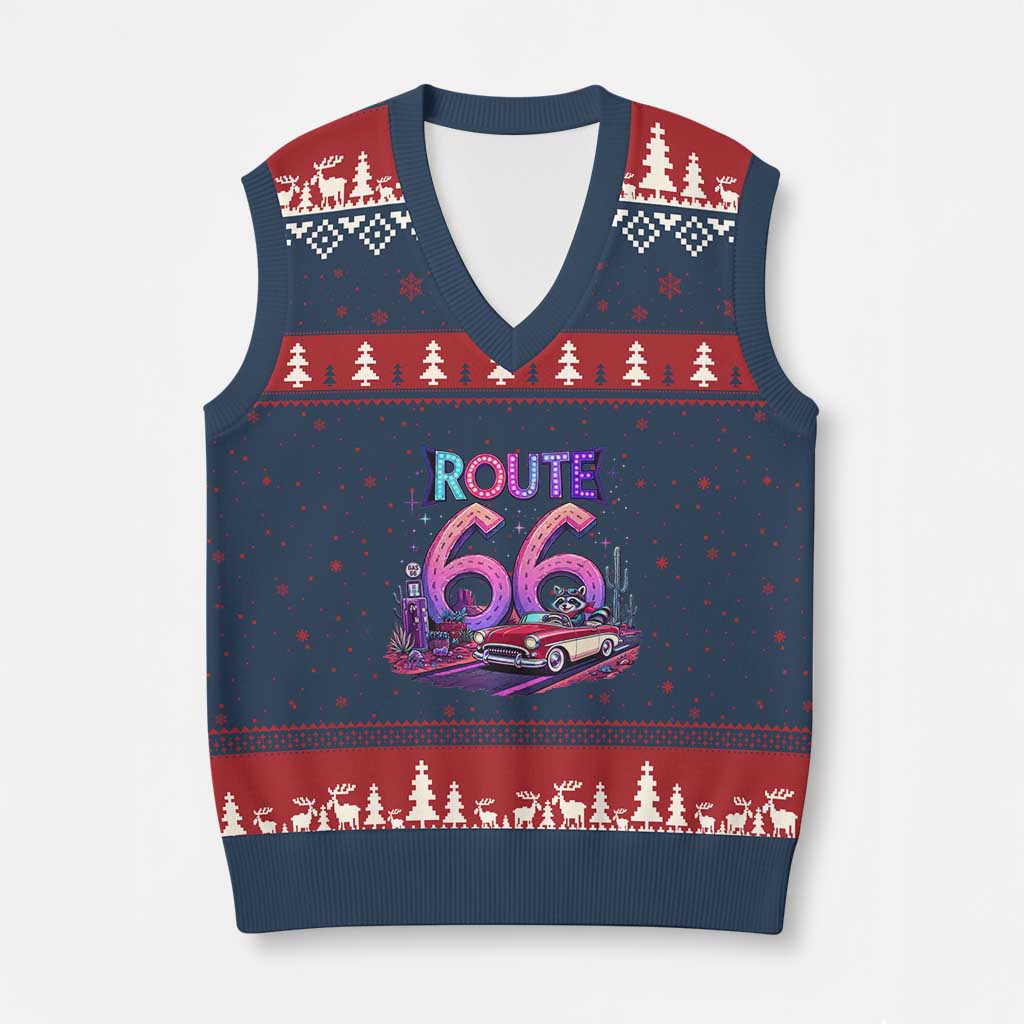 Route Highway 66 Americana Adventure V-Neck Knit Sweater Vest Cute Raccoon Driving Car TS12 Navy Red Print Your Wear