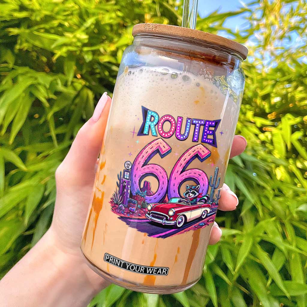 Route Highway 66 Americana Adventure Glass Can Cute Raccoon Driving Car TS12 Black Print Your Wear