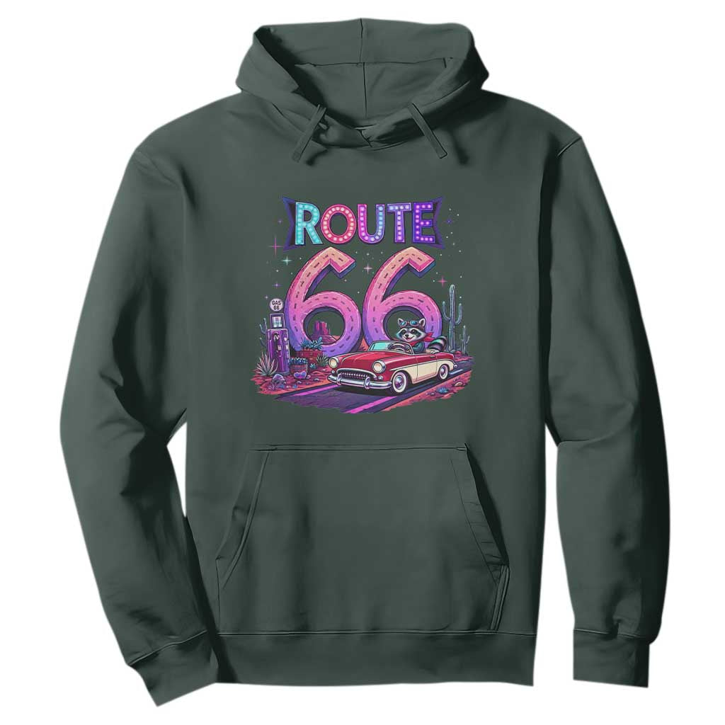 Route Highway 66 Americana Adventure Hoodie Cute Raccoon Driving Car TS12 Dark Forest Green Print Your Wear