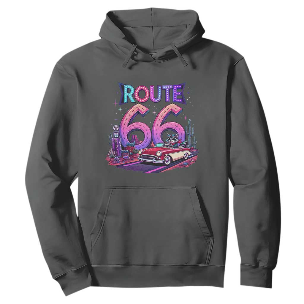 Route Highway 66 Americana Adventure Hoodie Cute Raccoon Driving Car TS12 Dark Heather Print Your Wear