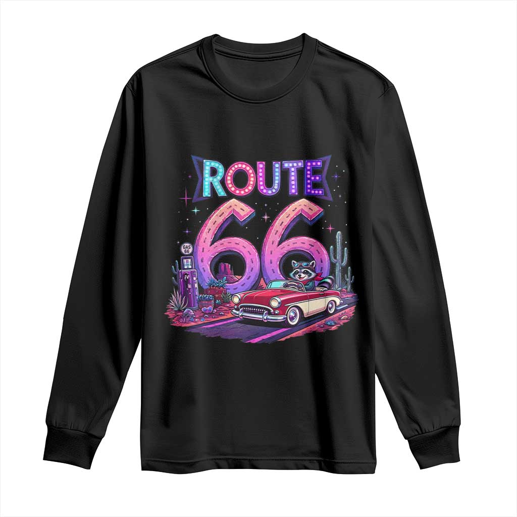 Route Highway 66 Americana Adventure Long Sleeve Shirt Cute Raccoon Driving Car TS12 Black Print Your Wear