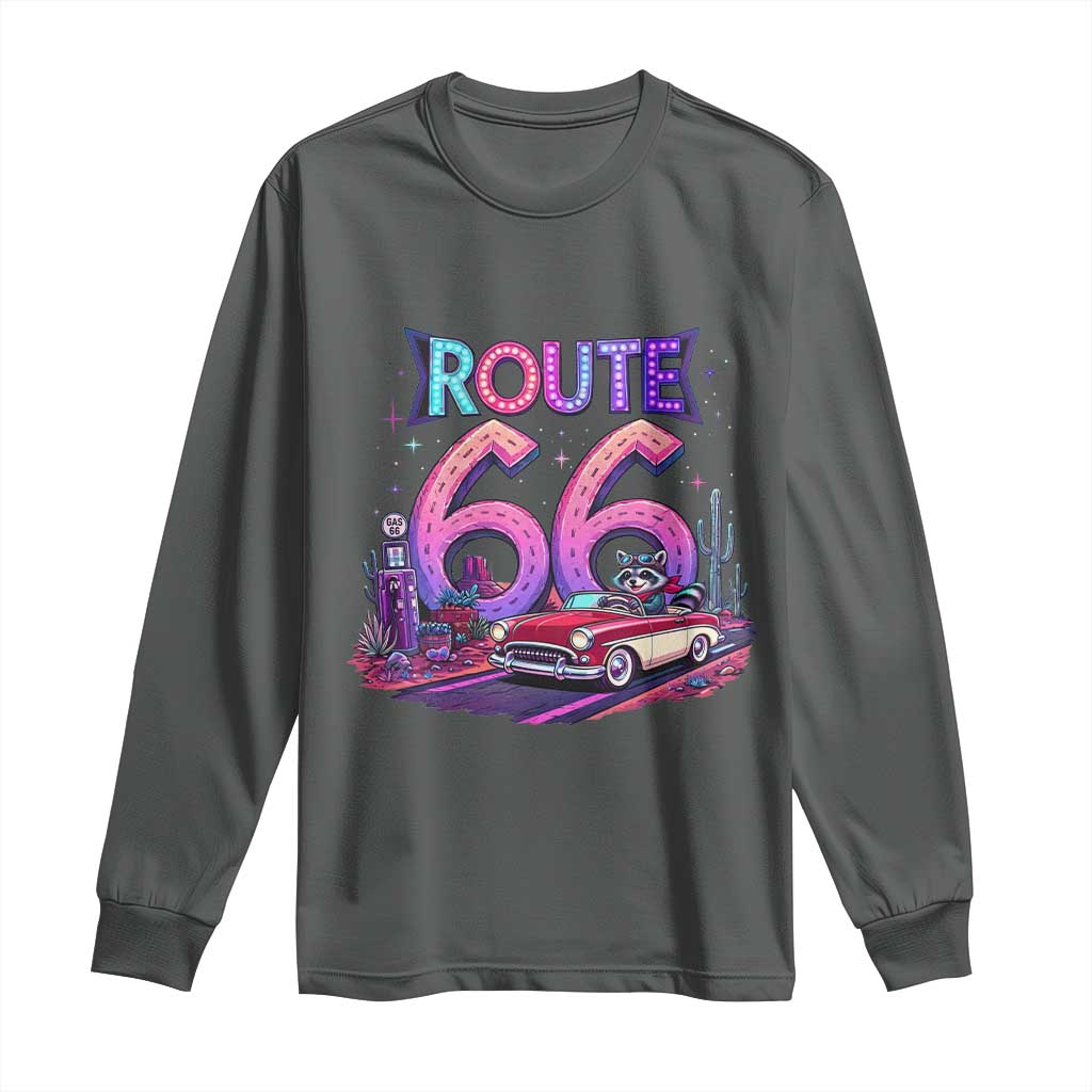 Route Highway 66 Americana Adventure Long Sleeve Shirt Cute Raccoon Driving Car TS12 Dark Heather Print Your Wear