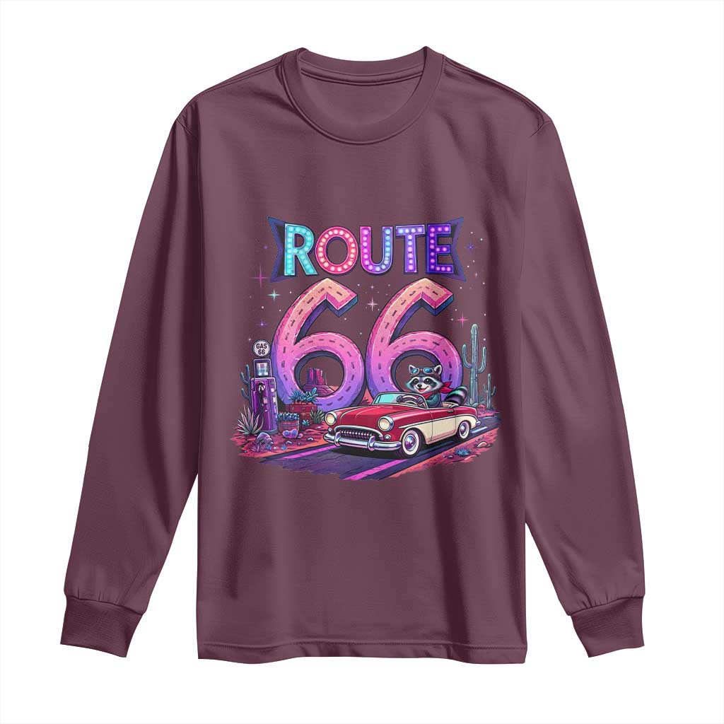 Route Highway 66 Americana Adventure Long Sleeve Shirt Cute Raccoon Driving Car TS12 Maroon Print Your Wear