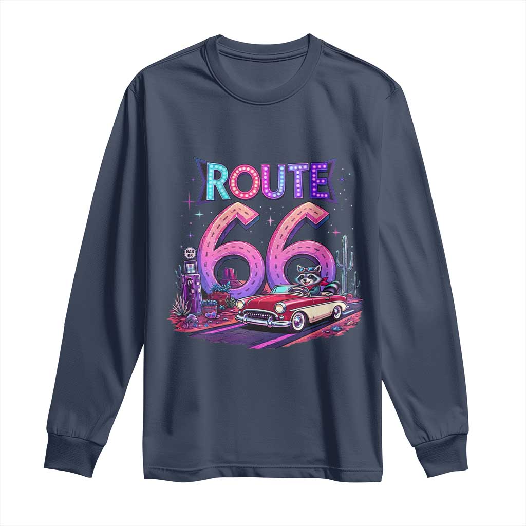 Route Highway 66 Americana Adventure Long Sleeve Shirt Cute Raccoon Driving Car TS12 Navy Print Your Wear