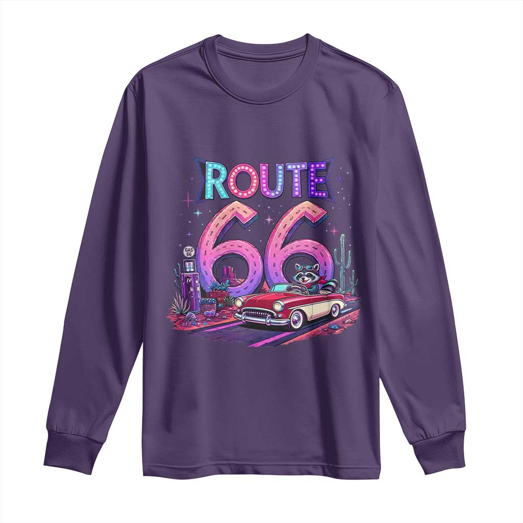Route Highway 66 Americana Adventure Long Sleeve Shirt Cute Raccoon Driving Car TS12 Purple Print Your Wear