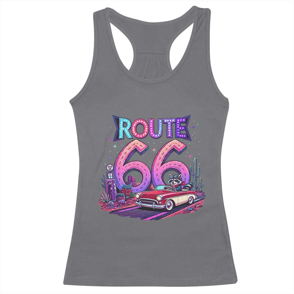 Route Highway 66 Americana Adventure Racerback Tank Top Cute Raccoon Driving Car TS12 Charcoal Print Your Wear