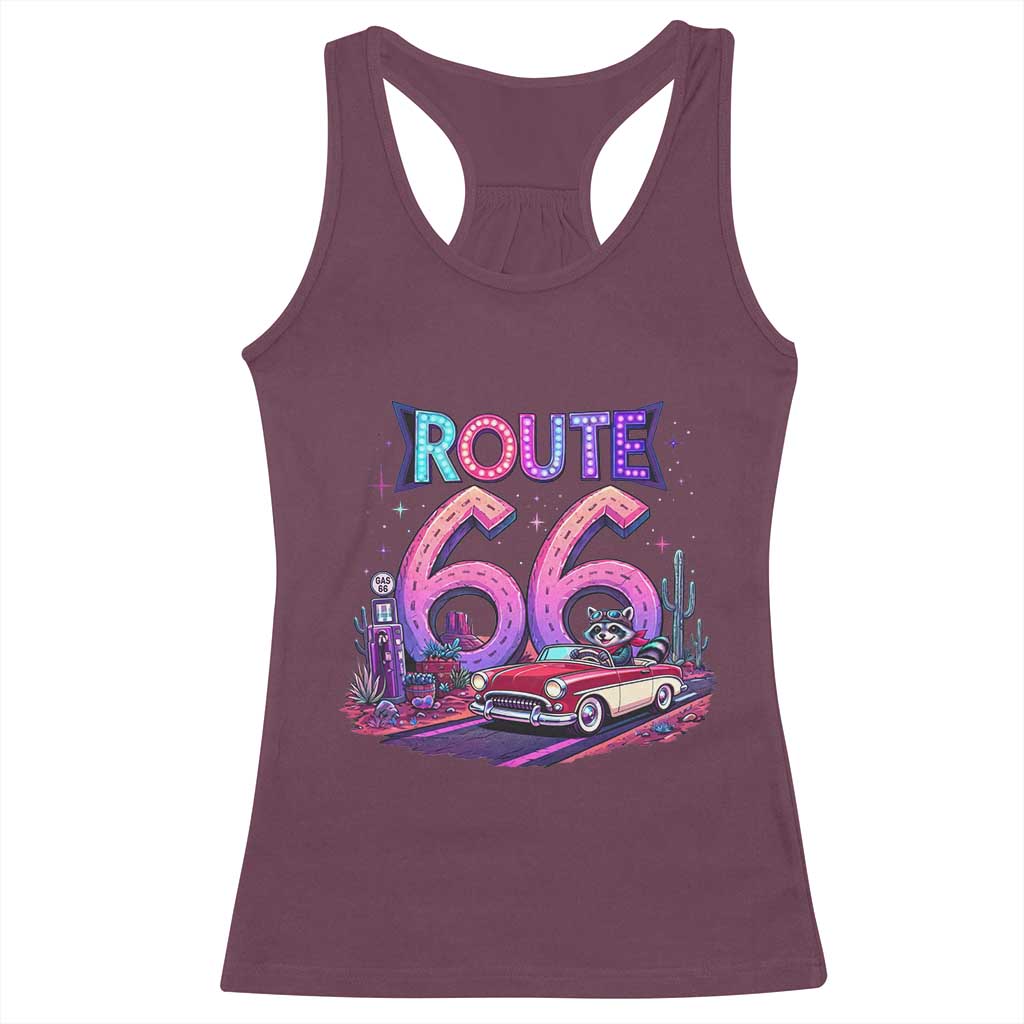 Route Highway 66 Americana Adventure Racerback Tank Top Cute Raccoon Driving Car TS12 Maroon Print Your Wear