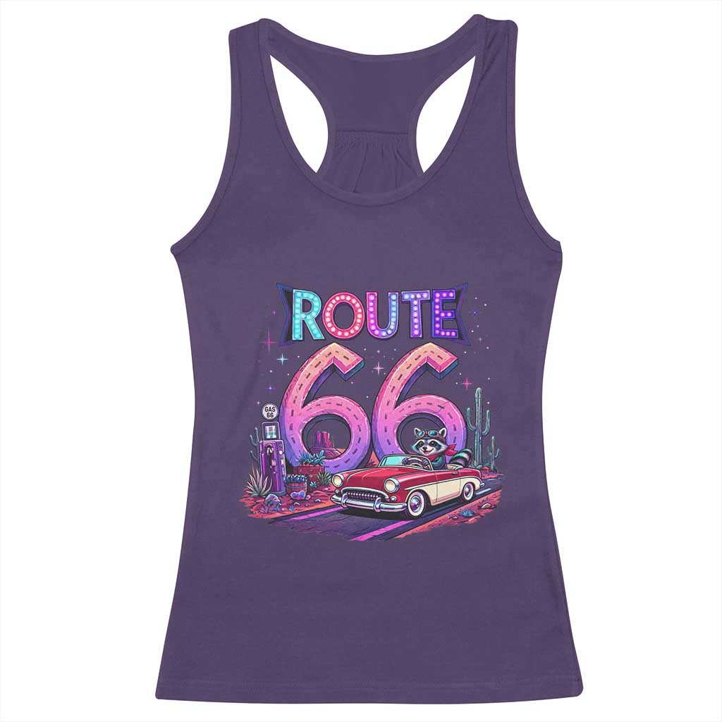 Route Highway 66 Americana Adventure Racerback Tank Top Cute Raccoon Driving Car TS12 Purple Print Your Wear