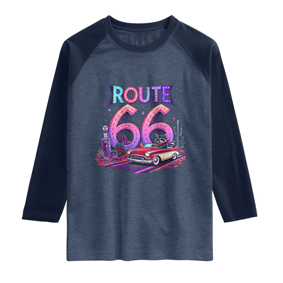 Route Highway 66 Americana Adventure Raglan Shirt Cute Raccoon Driving Car TS12 Heather Denim Navy Print Your Wear