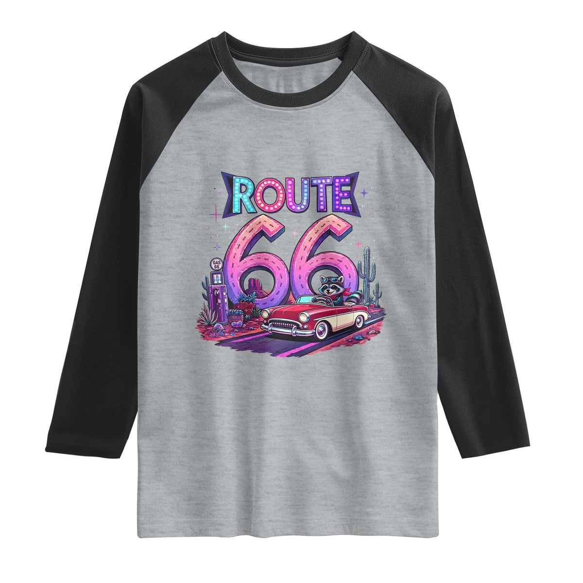 Route Highway 66 Americana Adventure Raglan Shirt Cute Raccoon Driving Car TS12 Heather Gray Black Print Your Wear