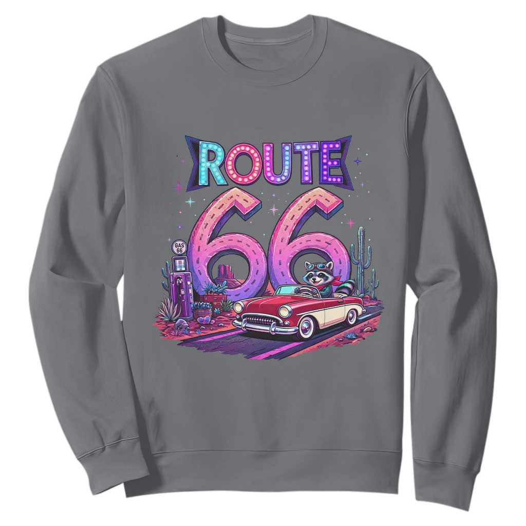 Route Highway 66 Americana Adventure Sweatshirt Cute Raccoon Driving Car TS12 Charcoal Print Your Wear