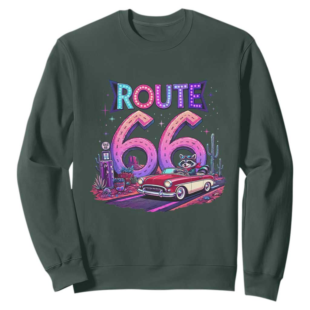 Route Highway 66 Americana Adventure Sweatshirt Cute Raccoon Driving Car TS12 Dark Forest Green Print Your Wear