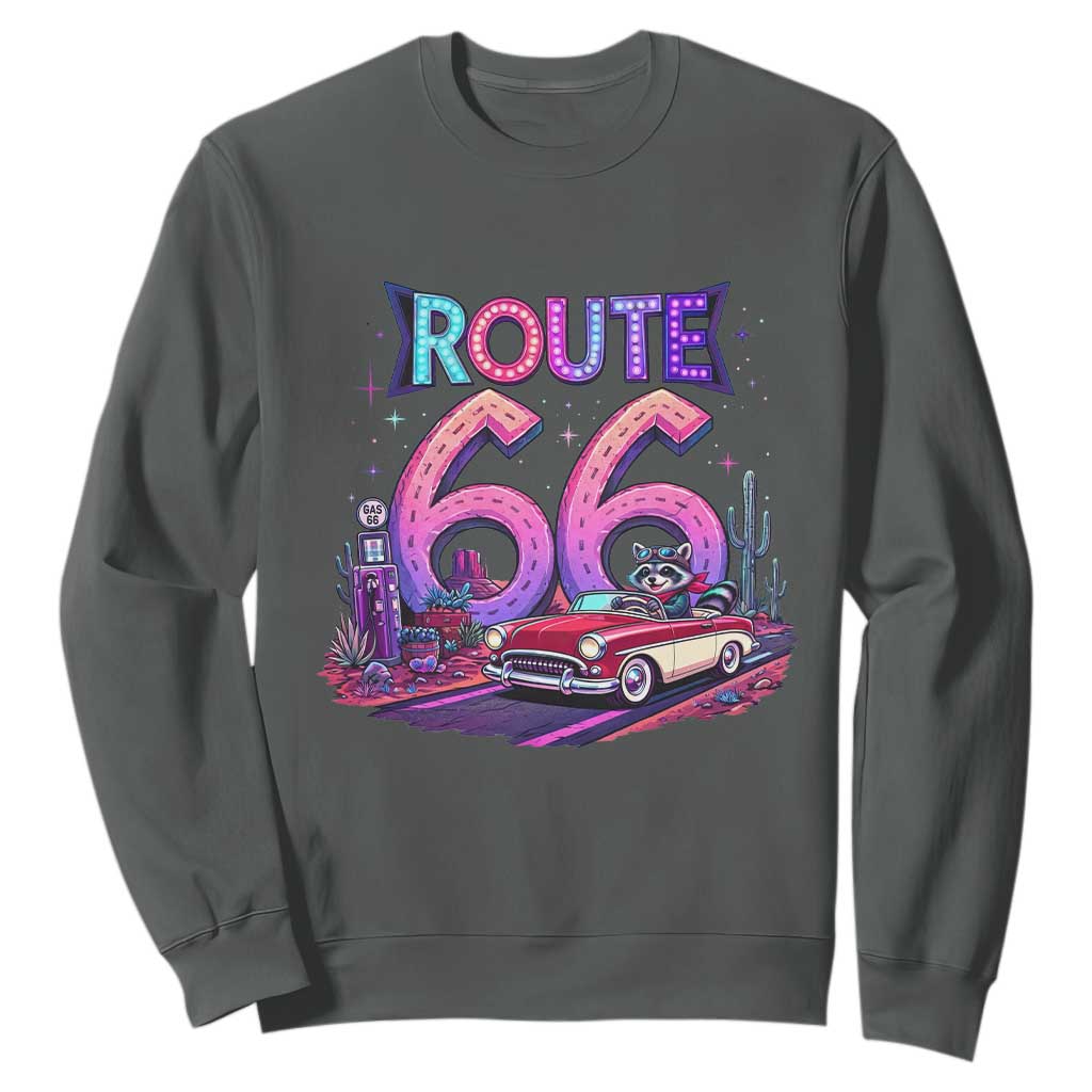 Route Highway 66 Americana Adventure Sweatshirt Cute Raccoon Driving Car TS12 Dark Heather Print Your Wear