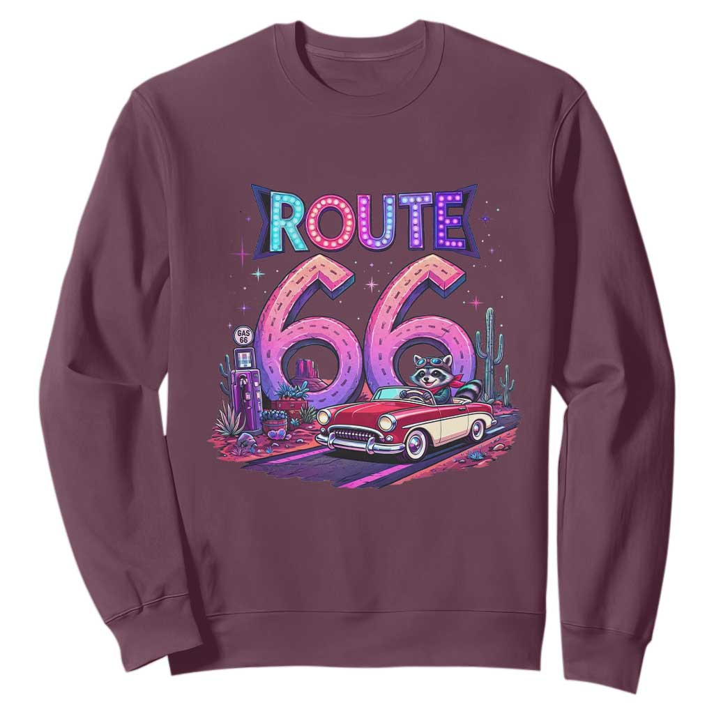 Route Highway 66 Americana Adventure Sweatshirt Cute Raccoon Driving Car TS12 Maroon Print Your Wear