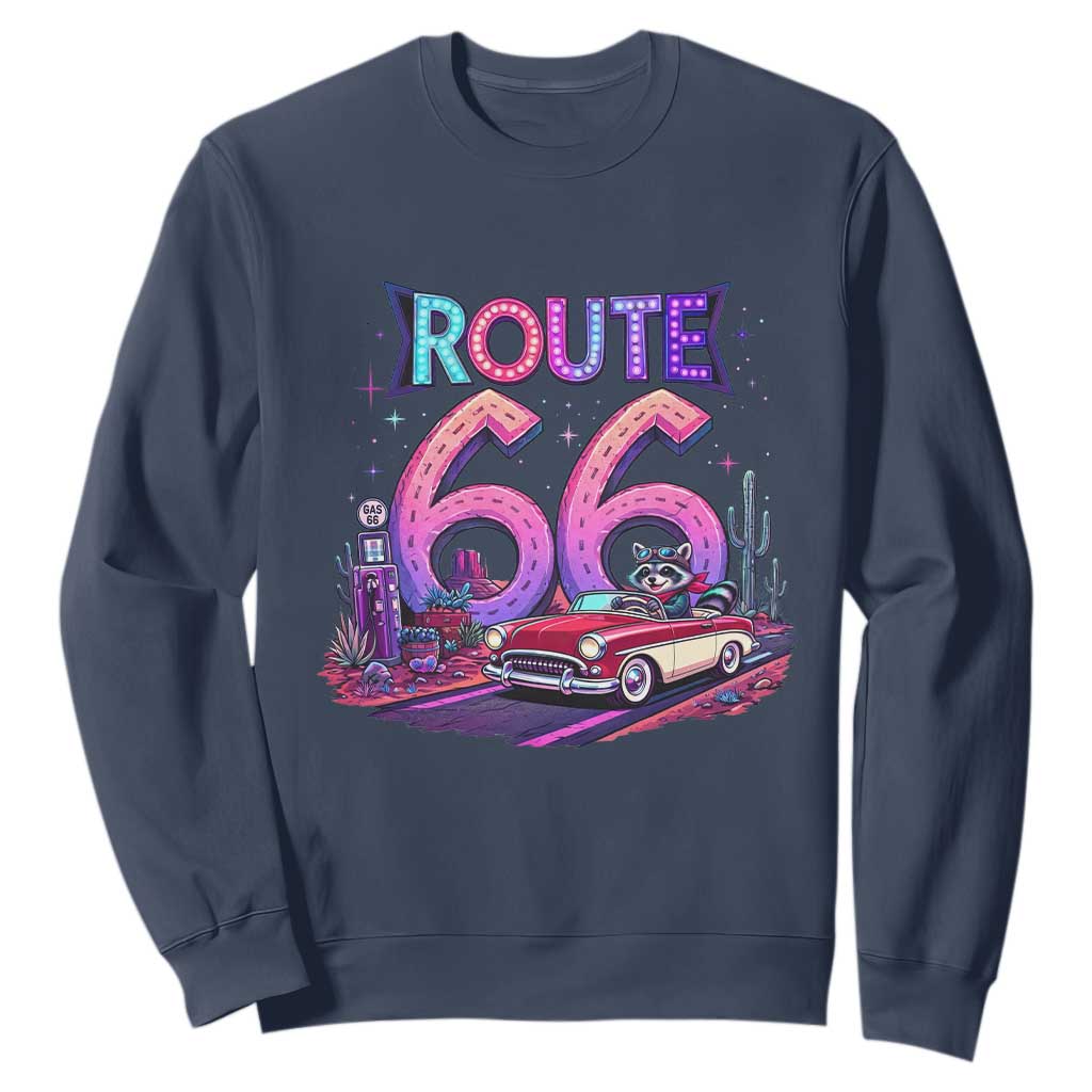 Route Highway 66 Americana Adventure Sweatshirt Cute Raccoon Driving Car TS12 Navy Print Your Wear
