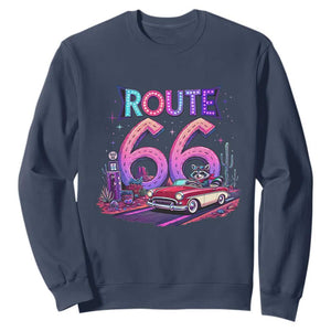 Route Highway 66 Americana Adventure Sweatshirt Cute Raccoon Driving Car TS12 Navy Print Your Wear