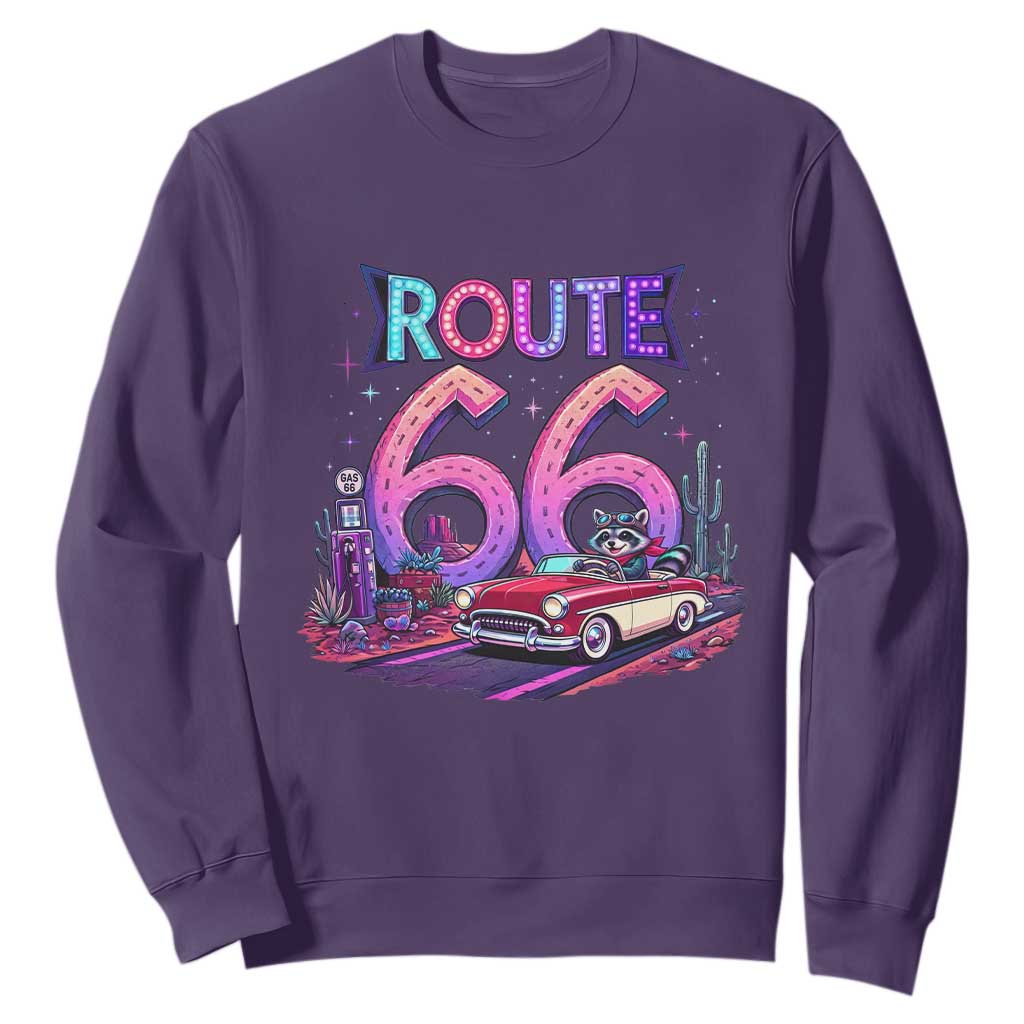 Route Highway 66 Americana Adventure Sweatshirt Cute Raccoon Driving Car TS12 Purple Print Your Wear