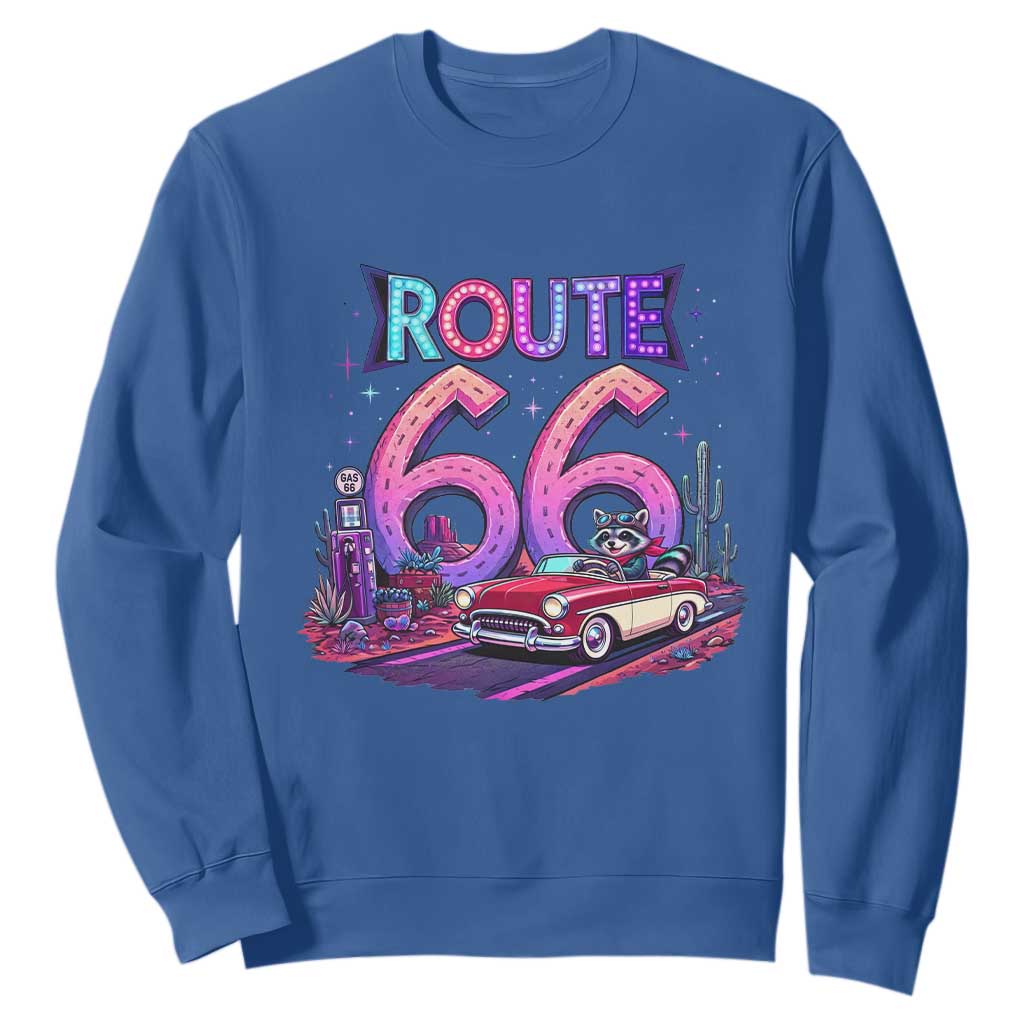 Route Highway 66 Americana Adventure Sweatshirt Cute Raccoon Driving Car TS12 Royal Blue Print Your Wear
