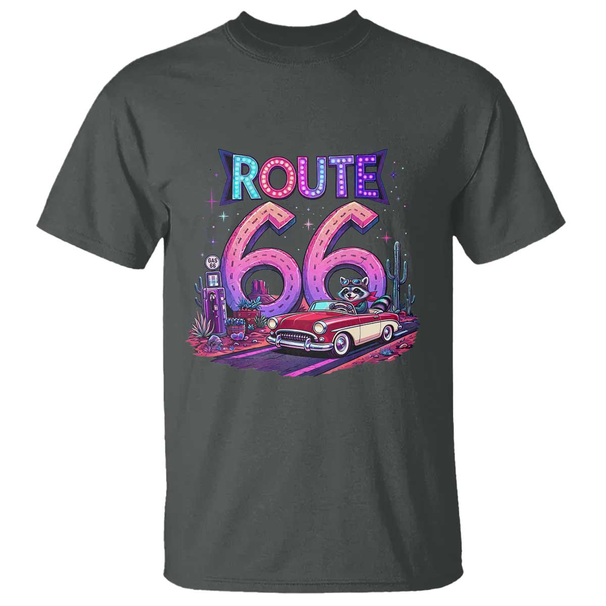 Route Highway 66 Americana Adventure T Shirt Cute Raccoon Driving Car TS12 Dark Heather Print Your Wear
