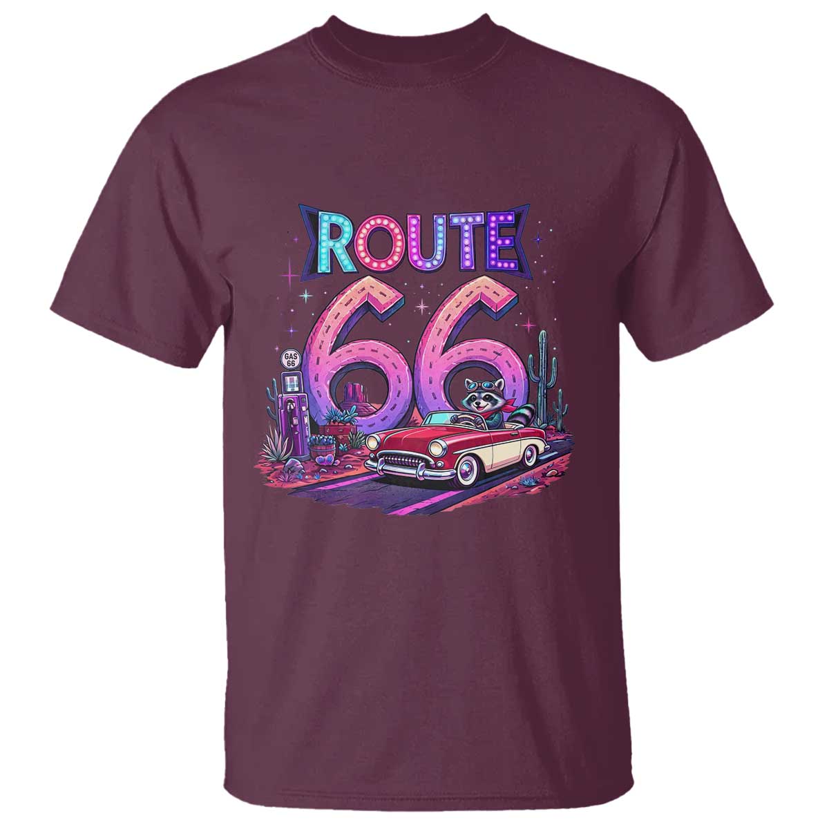 Route Highway 66 Americana Adventure T Shirt Cute Raccoon Driving Car TS12 Maroon Print Your Wear
