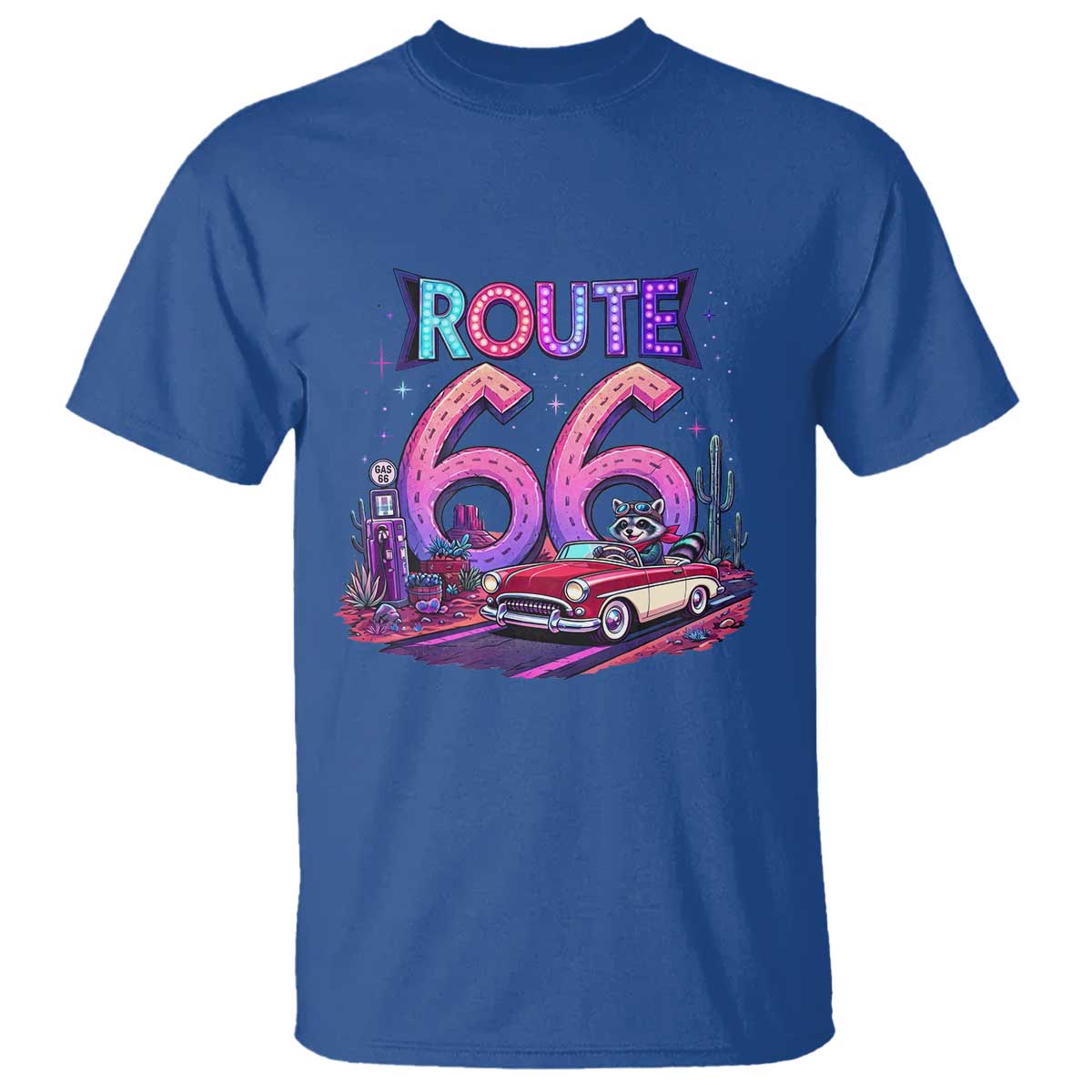 Route Highway 66 Americana Adventure T Shirt Cute Raccoon Driving Car TS12 Royal Blue Print Your Wear