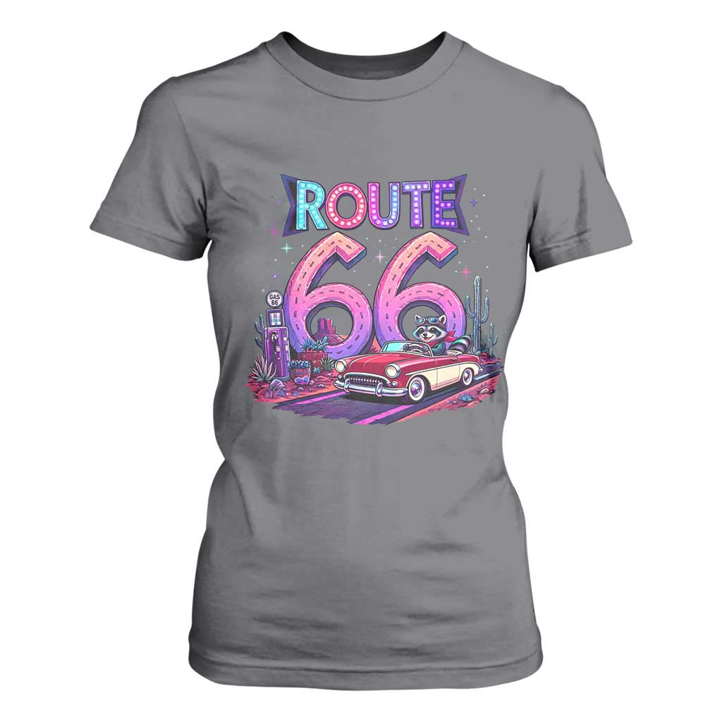 Route Highway 66 Americana Adventure T Shirt For Women Cute Raccoon Driving Car TS12 Charcoal Print Your Wear