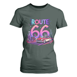 Route Highway 66 Americana Adventure T Shirt For Women Cute Raccoon Driving Car TS12 Dark Forest Green Print Your Wear