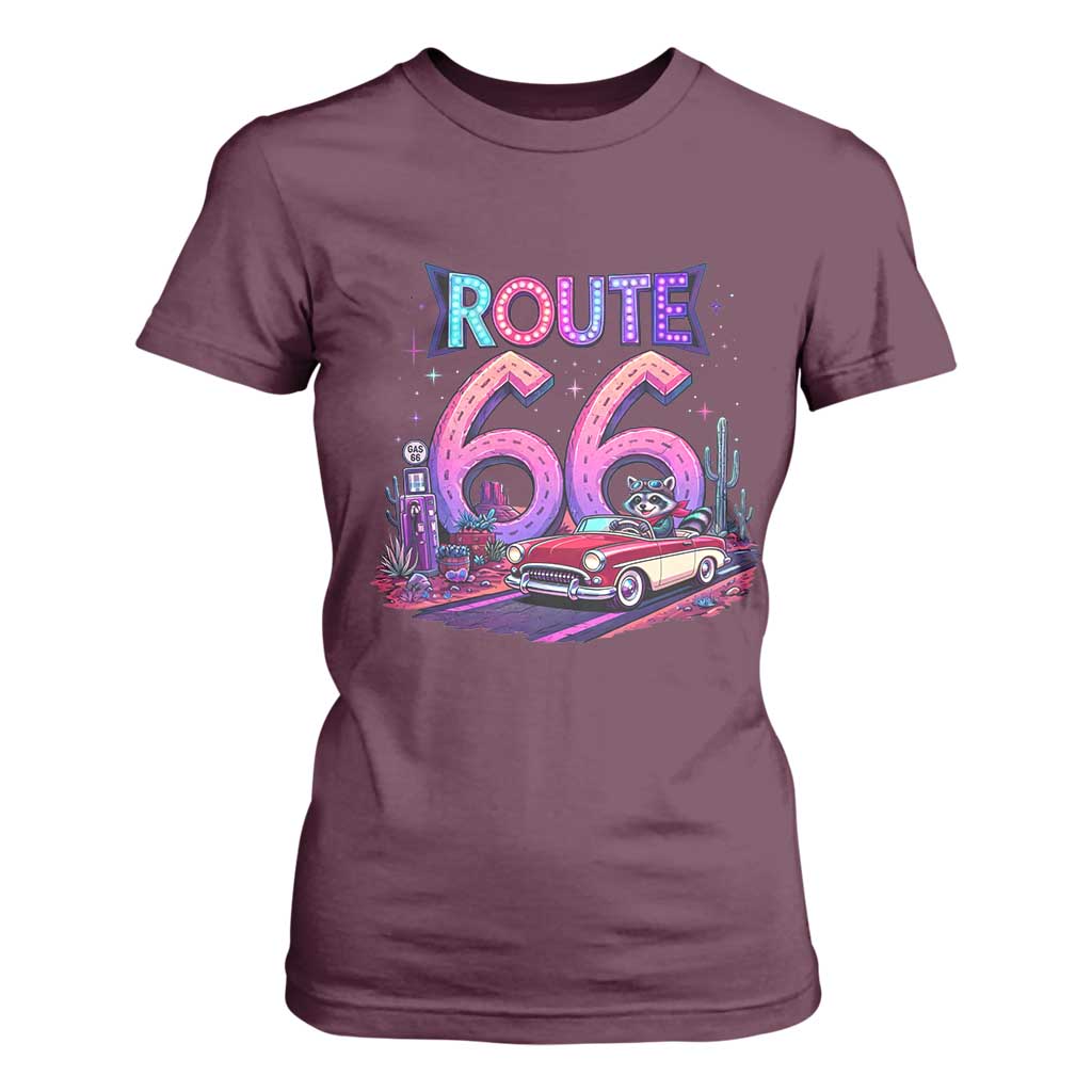 Route Highway 66 Americana Adventure T Shirt For Women Cute Raccoon Driving Car TS12 Maroon Print Your Wear