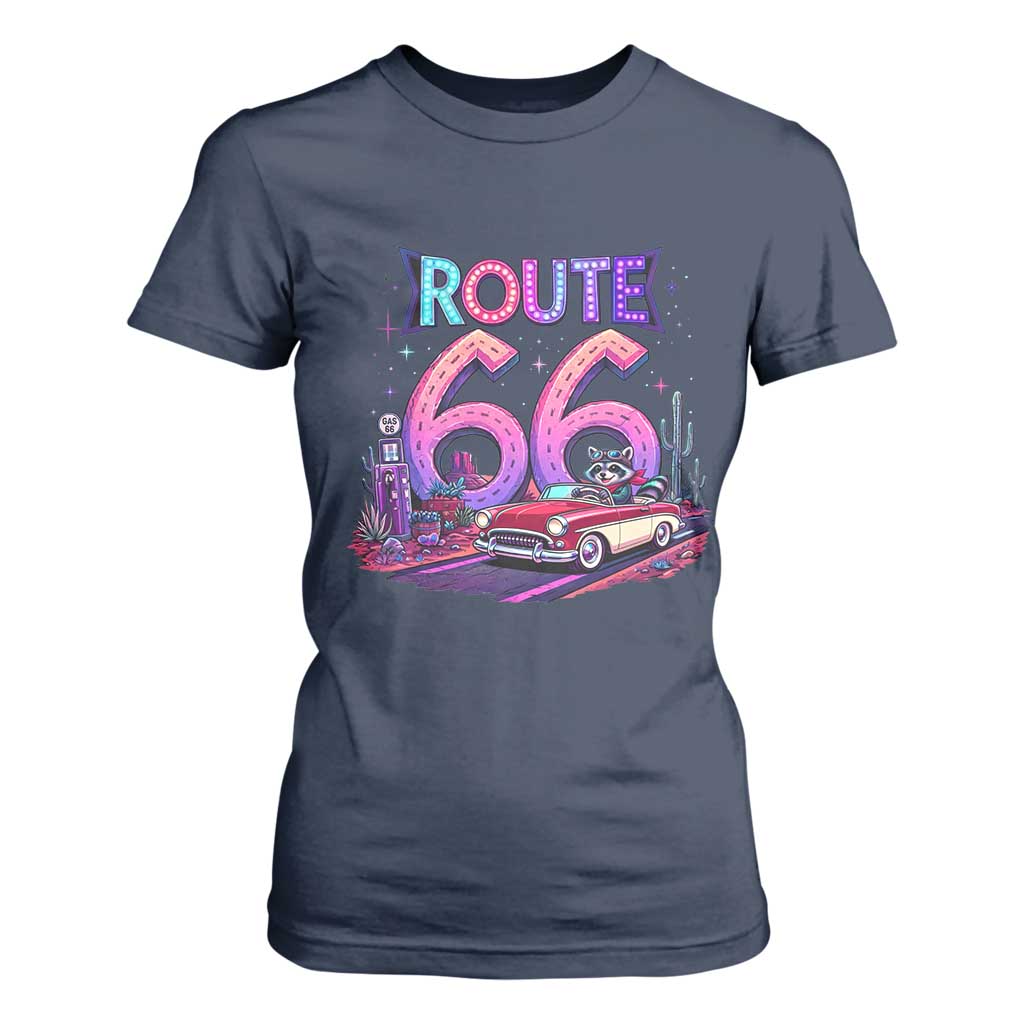 Route Highway 66 Americana Adventure T Shirt For Women Cute Raccoon Driving Car TS12 Navy Print Your Wear