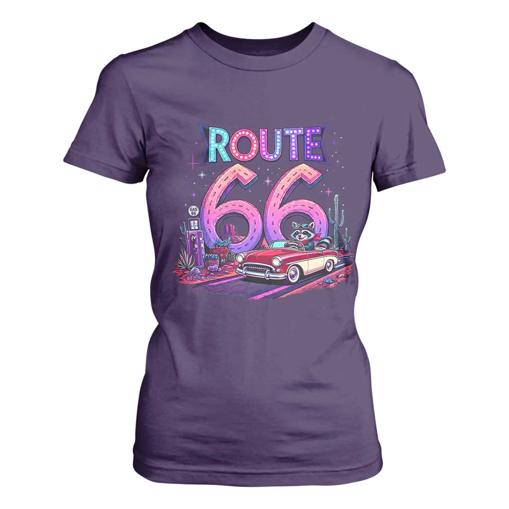 Route Highway 66 Americana Adventure T Shirt For Women Cute Raccoon Driving Car TS12 Purple Print Your Wear
