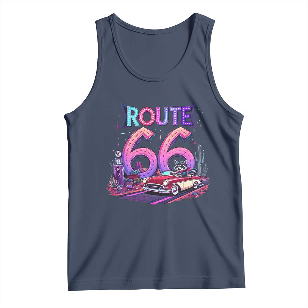 Route Highway 66 Americana Adventure Tank Top Cute Raccoon Driving Car TS12 Navy Print Your Wear