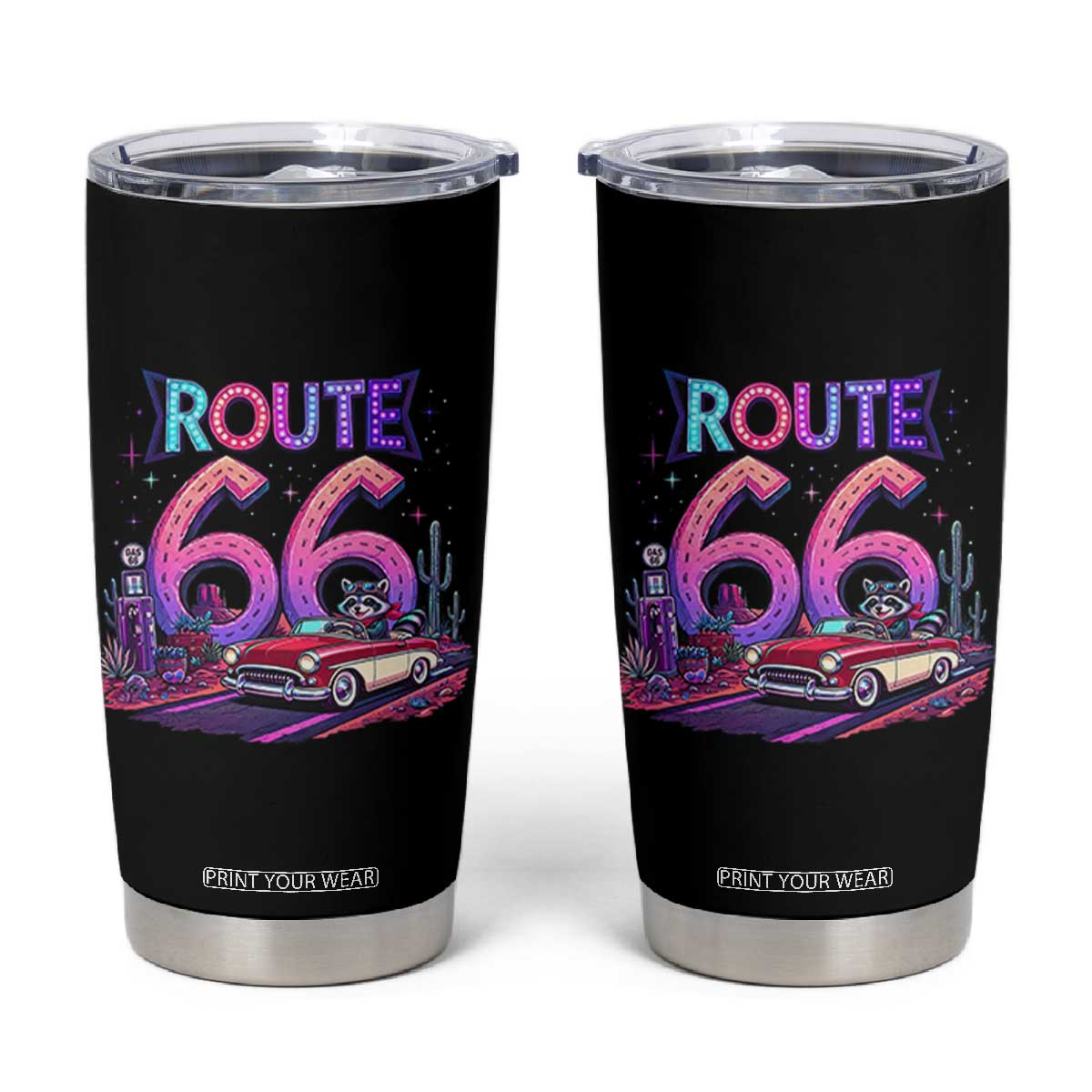 Route Highway 66 Americana Adventure Tumbler Cup Cute Raccoon Driving Car TS12 Black Print Your Wear