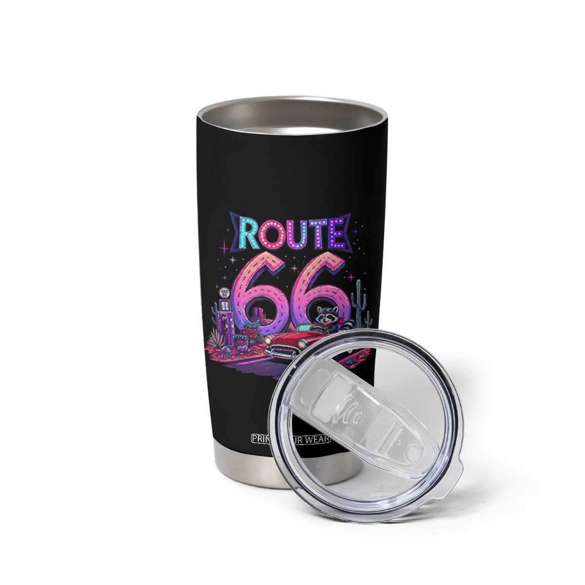 Route Highway 66 Americana Adventure Tumbler Cup Cute Raccoon Driving Car TS12 Print Your Wear