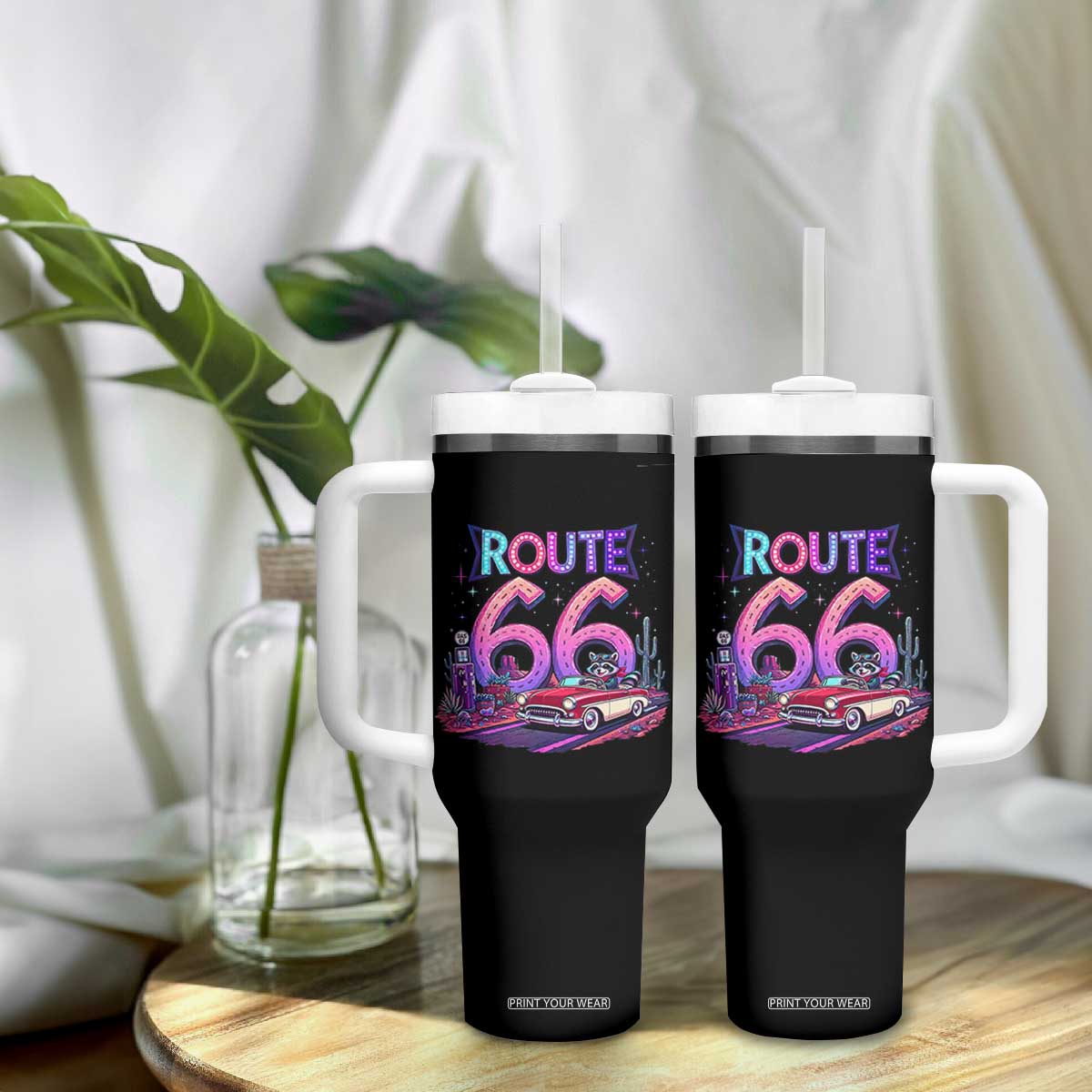 Route Highway 66 Americana Adventure Tumbler With Handle Cute Raccoon Driving Car TS12 Print Your Wear