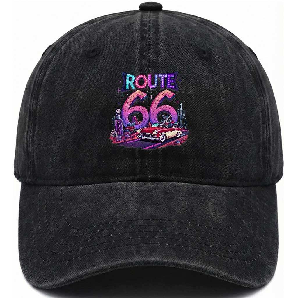 Route Highway 66 Americana Adventure Washed Cotton Baseball Cap Cute Raccoon Driving Car TS12 Print Your Wear