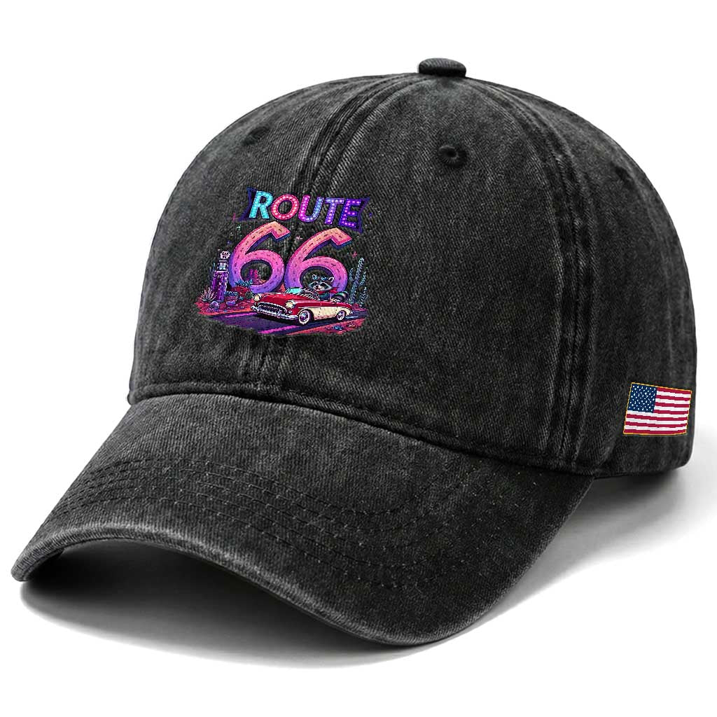 Route Highway 66 Americana Adventure Washed Cotton Baseball Cap Cute Raccoon Driving Car TS12 Print Your Wear