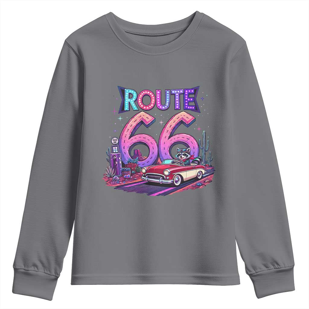 Route Highway 66 Americana Adventure Youth Sweatshirt Cute Raccoon Driving Car TS12 Charcoal Print Your Wear