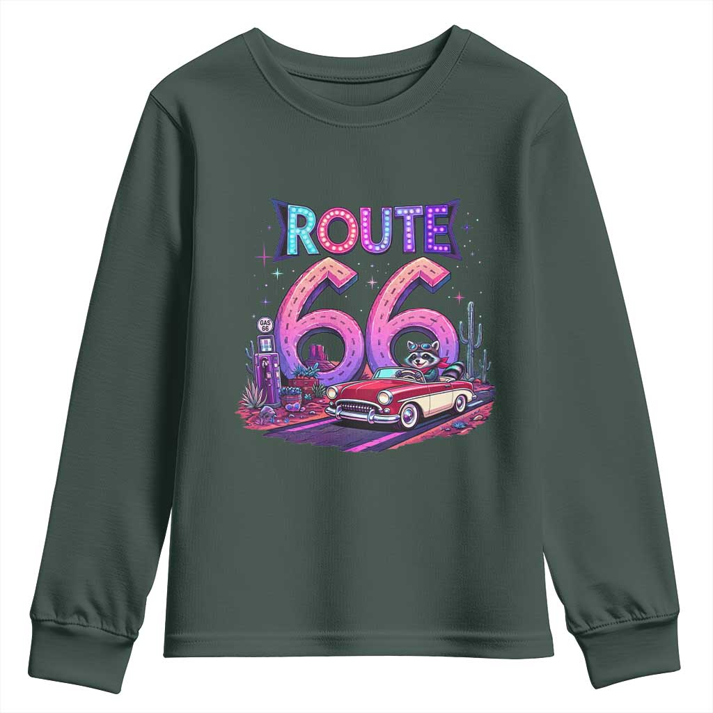 Route Highway 66 Americana Adventure Youth Sweatshirt Cute Raccoon Driving Car TS12 Dark Forest Green Print Your Wear