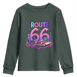 Route Highway 66 Americana Adventure Youth Sweatshirt Cute Raccoon Driving Car TS12 Dark Forest Green Print Your Wear