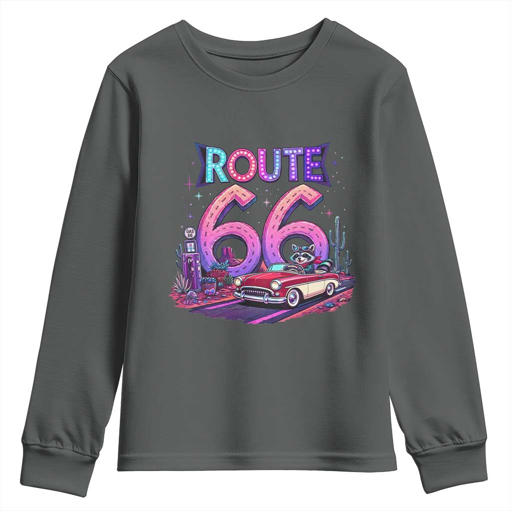 Route Highway 66 Americana Adventure Youth Sweatshirt Cute Raccoon Driving Car TS12 Dark Heather Print Your Wear
