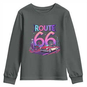 Route Highway 66 Americana Adventure Youth Sweatshirt Cute Raccoon Driving Car TS12 Dark Heather Print Your Wear