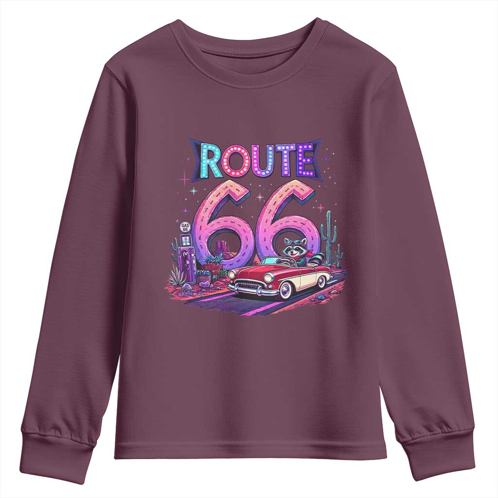 Route Highway 66 Americana Adventure Youth Sweatshirt Cute Raccoon Driving Car TS12 Maroon Print Your Wear