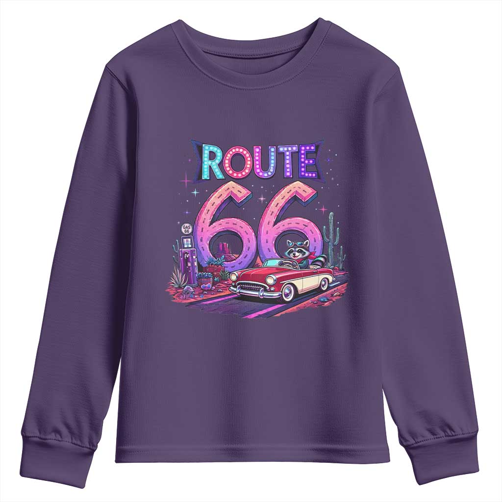 Route Highway 66 Americana Adventure Youth Sweatshirt Cute Raccoon Driving Car TS12 Purple Print Your Wear