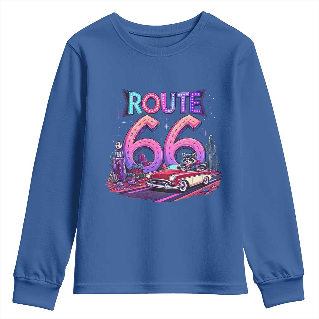 Route Highway 66 Americana Adventure Youth Sweatshirt Cute Raccoon Driving Car TS12 Royal Blue Print Your Wear