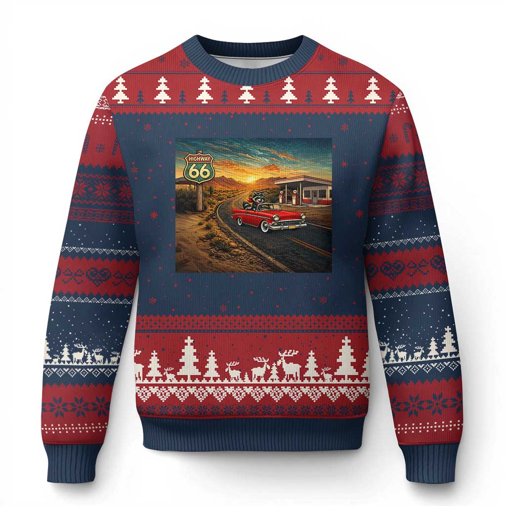Route Highway 66 Raccoon Ugly Christmas Sweater Americana Road Trip TS12 Navy Red Print Your Wear